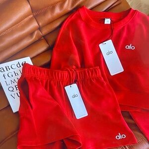 ALO Yoga Bright Red Cropped Sweatshirt & Elastic Waist Shorts Set